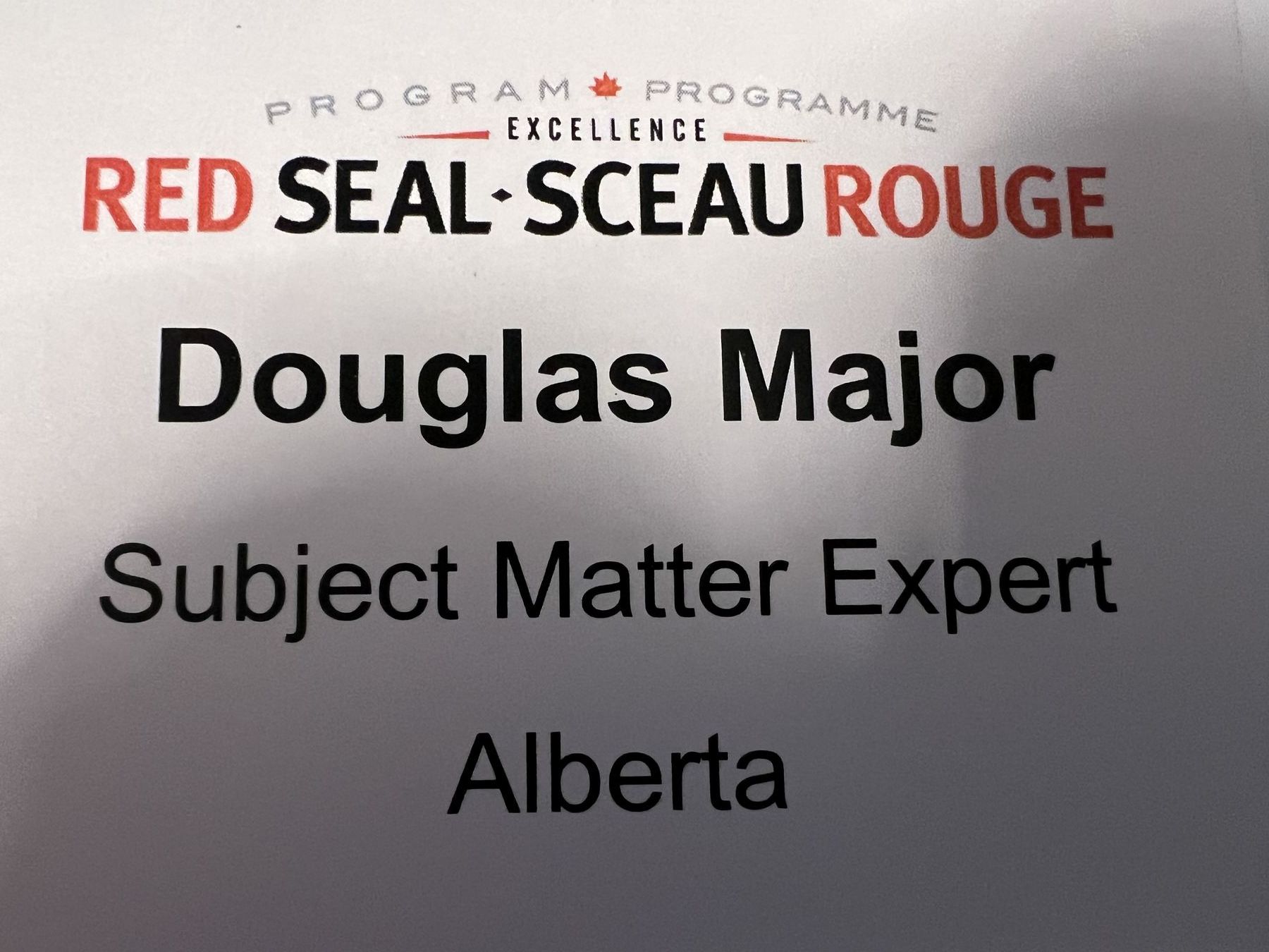 Red Seal program certificate naming Douglas Major as subject matter expert for Alberta